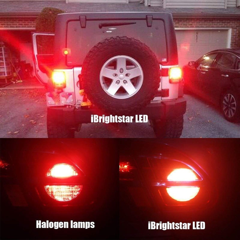 iBrightstar 9-30V Flashing Strobe Blinking Brake Lights 3157 3057 3156 3056 LED Bulbs with Projector Replacement for Tail Brake Stop Lights, Brilliant Red - Image 5